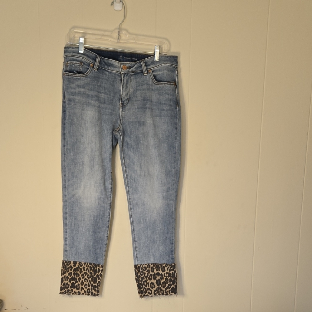 Ladies Slim Boyfriend Blue Jeans with Leopard Print Cuffs Size 8